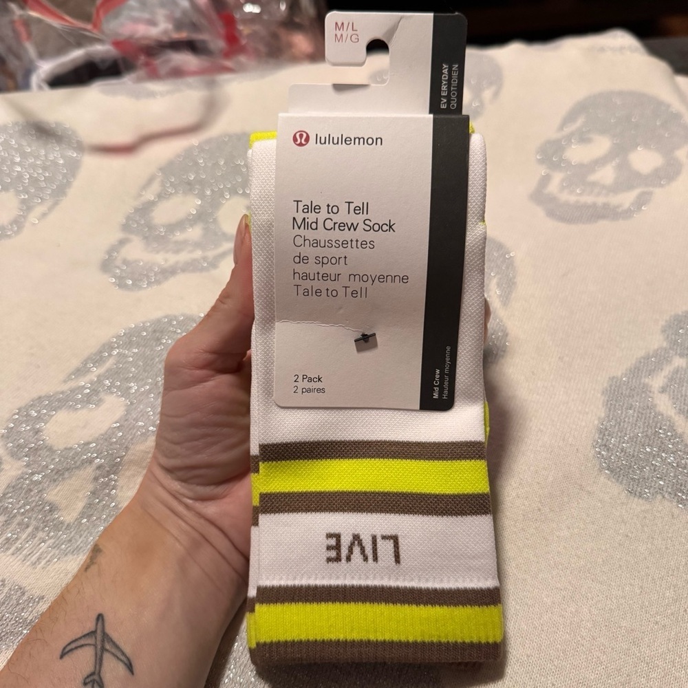 lululemon athletica White and Lime Mid Crew Socks